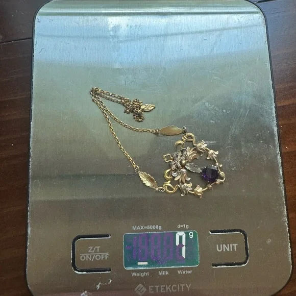 Edwardian Victorian Antique Gold Filled Amethyst Glass Mourning Jewelry Necklace